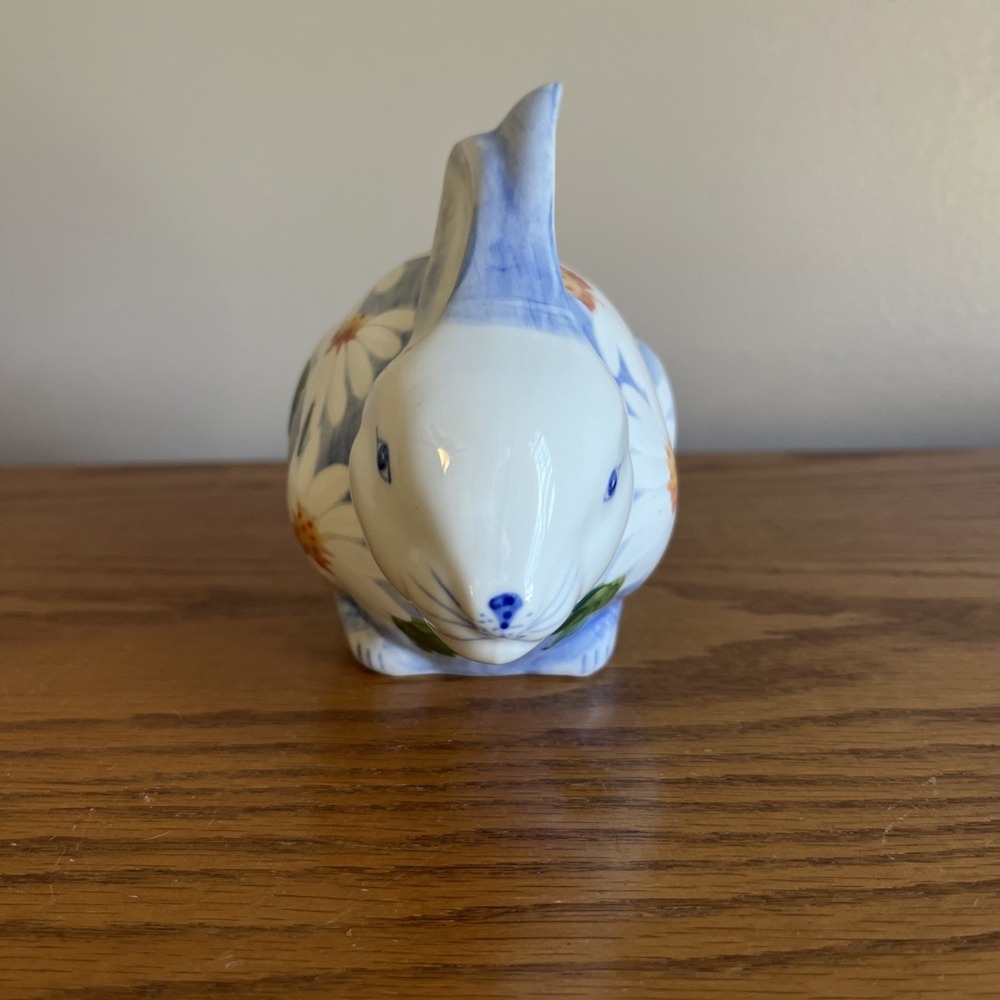 Floral Ceramic Rabbit Figurine, Andrea by Sadek, Daisy Blue and White Floral - Picture 2 of 10